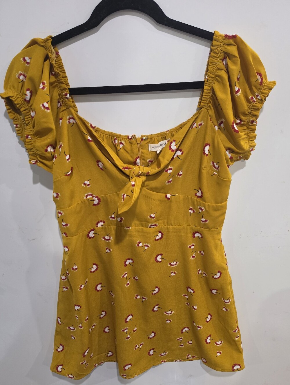Cotton Candy LA Mustard Floral Tie Front Puff Sleeve Mini Dress Size L